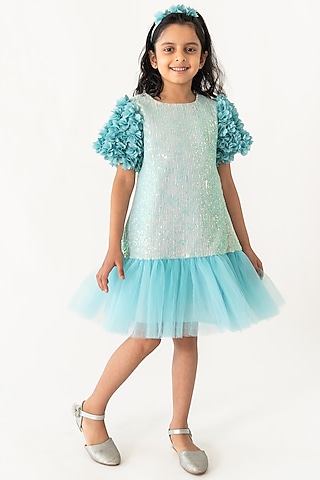 Mint Polyester Sequins Embroidered A-Line Dress For Girls by A Little Fable