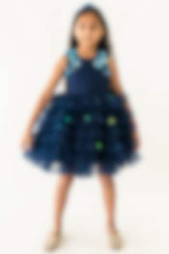 Navy Blue Tulle Floral Hand Embroidered Ruffled Dress For Girls by A Little Fable at Pernia's Pop Up Shop