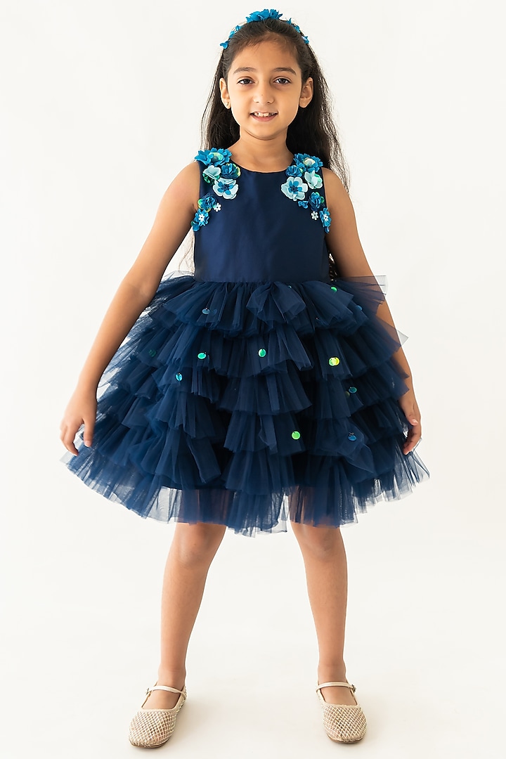 Navy Blue Tulle Floral Hand Embroidered Ruffled Dress For Girls by A Little Fable at Pernia's Pop Up Shop