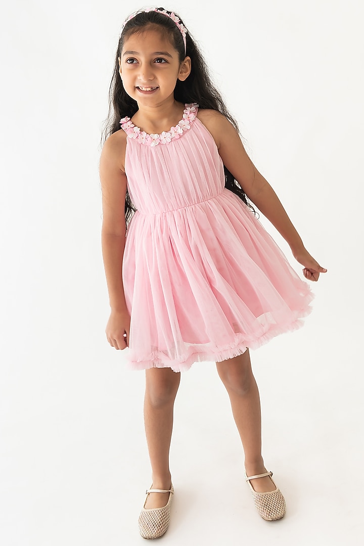 Pink Tulle Floral Work Dress For Girls by A Little Fable at Pernia's Pop Up Shop