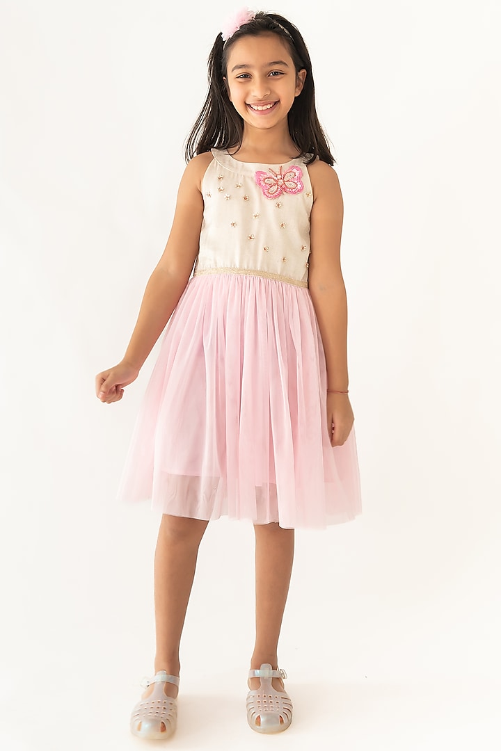 Pink Tulle Sequins Hand Embroidered Dress For Girls by A Little Fable at Pernia's Pop Up Shop