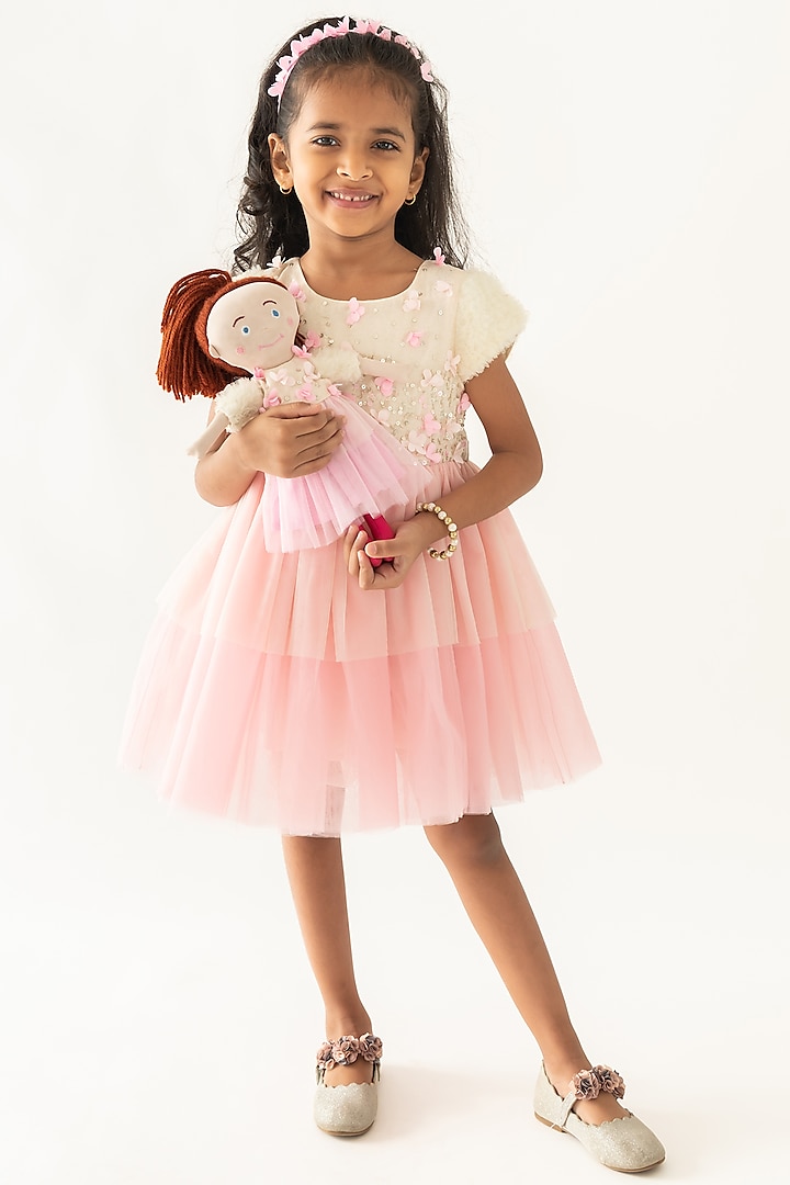 Pink & Off-White Polyester Sequins Hand Embroidered Dress For Girls by A Little Fable at Pernia's Pop Up Shop