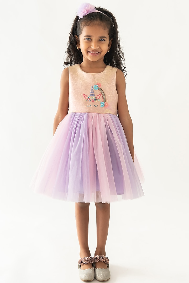 Multi-Colored Shimmer Tulle Floral Hand Embroidered Dress For Girls by A Little Fable at Pernia's Pop Up Shop