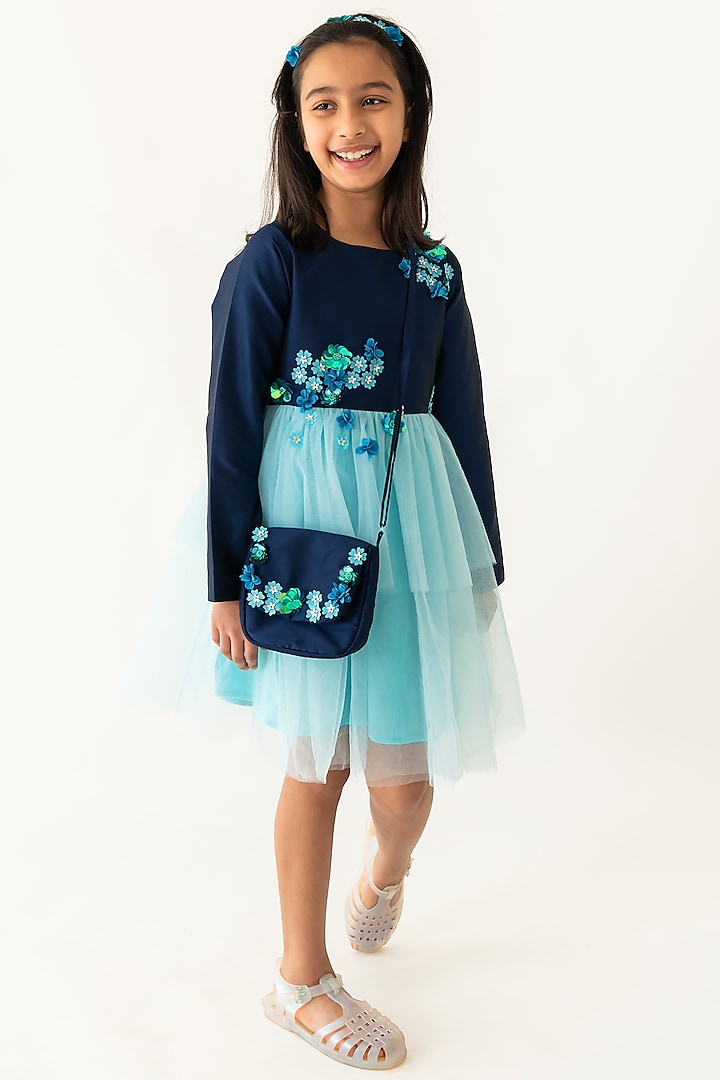 Navy Blue Polyester & Tulle Hand Embellished Layered Dress For Girls by A Little Fable at Pernia's Pop Up Shop