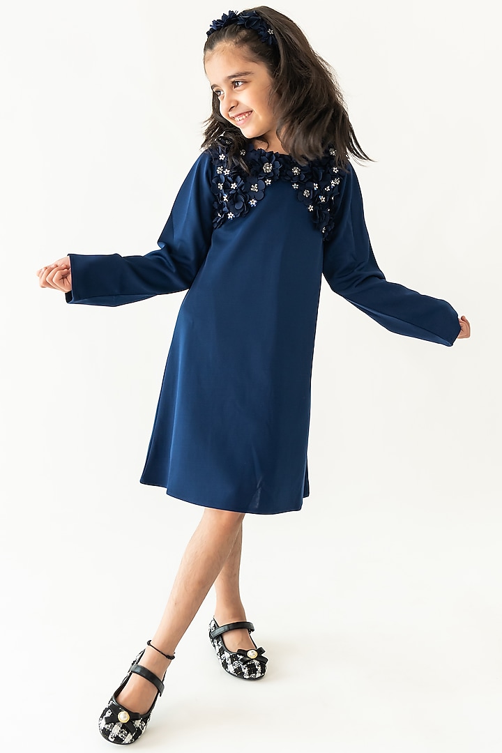 Navy Polyester Floral Sequins Work A-Line Dress For Girls by A Little Fable at Pernia's Pop Up Shop