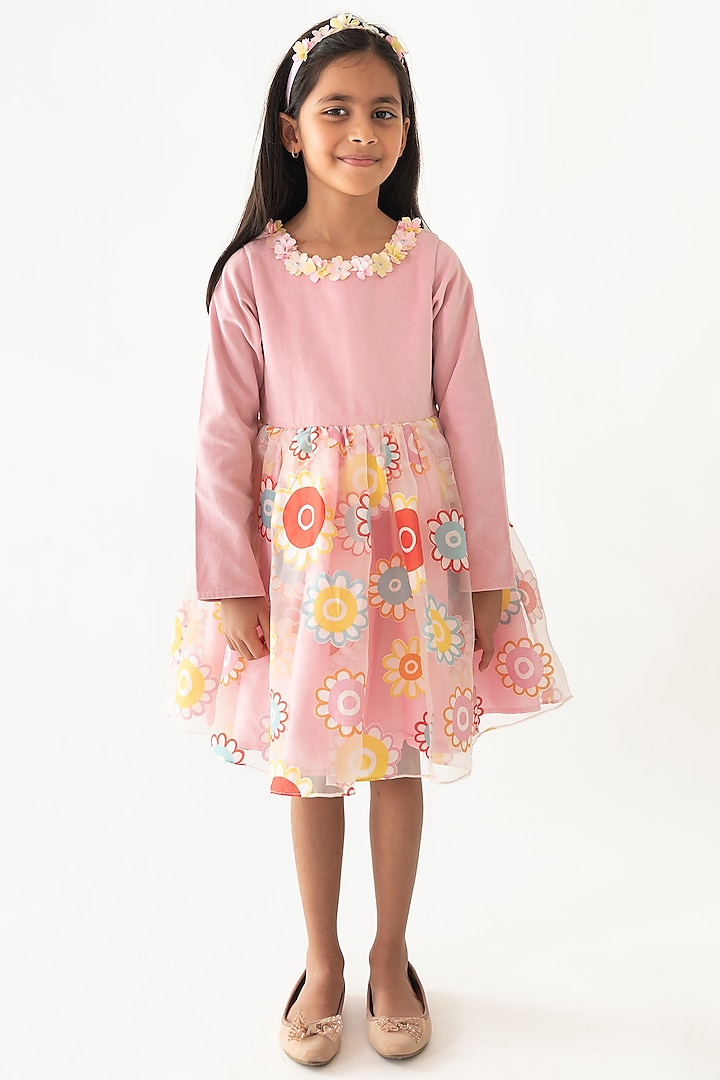 Pink Tulle Floral Hand Embroidered Ruffled Dress For Girls by A Little Fable at Pernia's Pop Up Shop