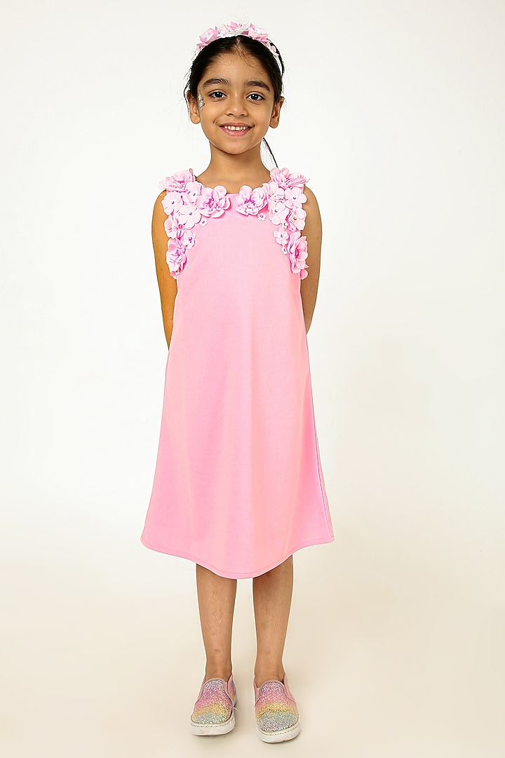 Pink Polyester Floral Embroidered A-Line Dress For Girls by A Little Fable at Pernia's Pop Up Shop