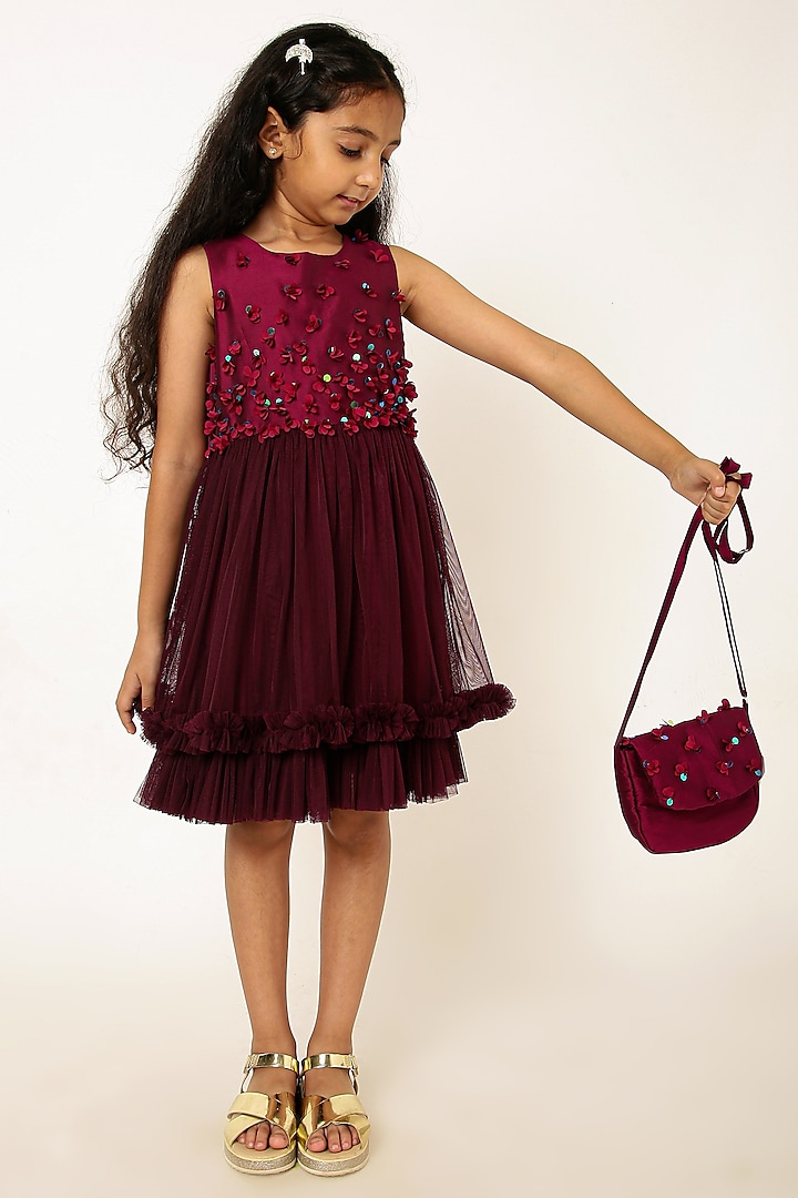 Wine Polyester Sequins & Floral Embroidered Dress For Girls by A Little Fable at Pernia's Pop Up Shop