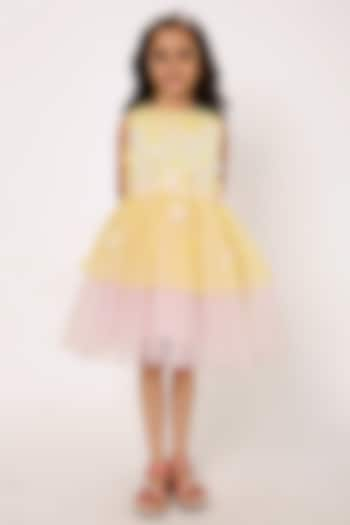 Yellow Polyester 3D Floral Hand Embroidered Ruffle Dress For Girls by A Little Fable at Pernia's Pop Up Shop