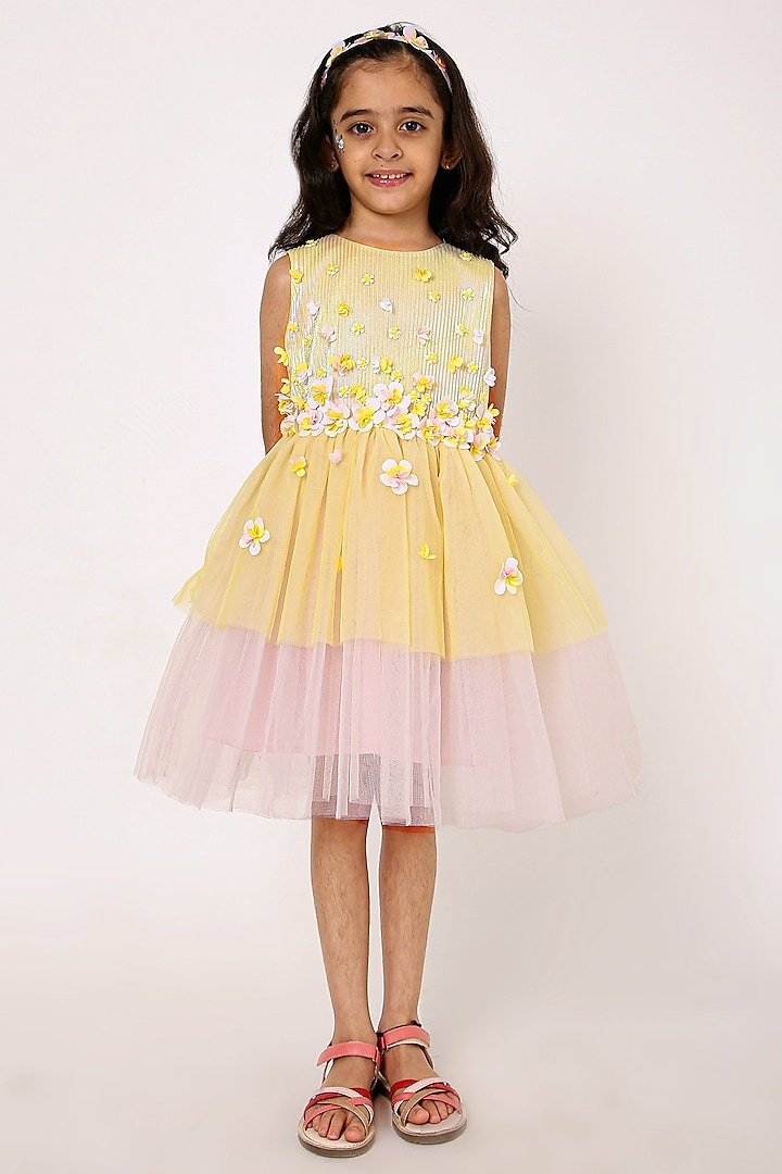 Yellow Polyester 3D Floral Hand Embroidered Ruffle Dress For Girls by A Little Fable at Pernia's Pop Up Shop