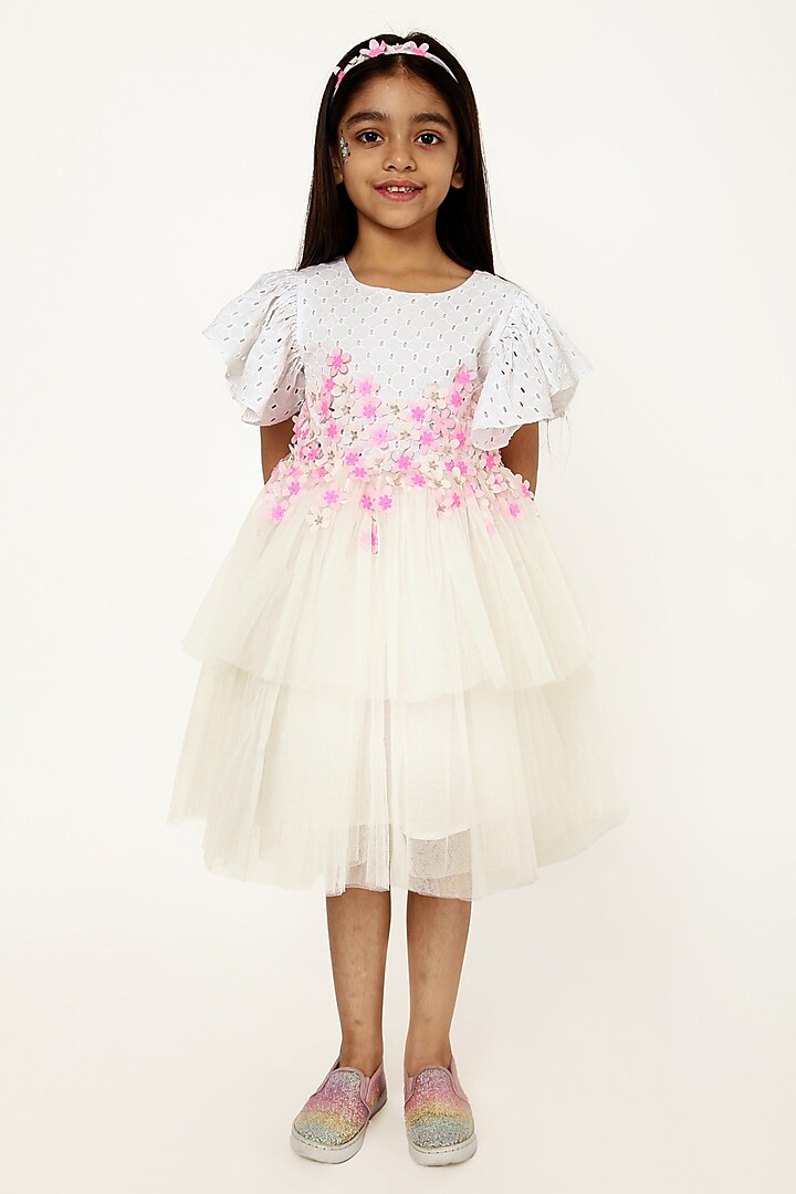 White Cotton & Tulle 3D Floral Hand Embroidered Dress For Girls by A Little Fable at Pernia's Pop Up Shop