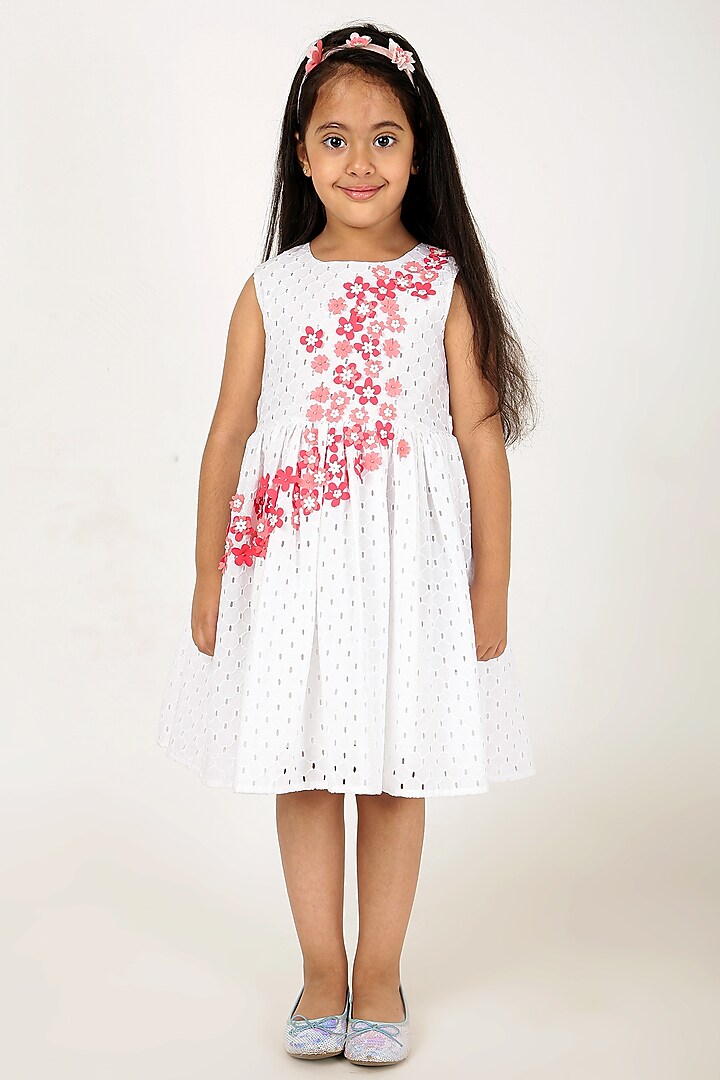 White Polyester 3D Floral Hand Embroidered Dress For Girls by A Little Fable at Pernia's Pop Up Shop