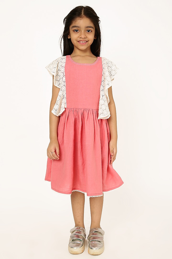 Coral Linen Hand Embroidered Dress For Girls by A Little Fable at Pernia's Pop Up Shop