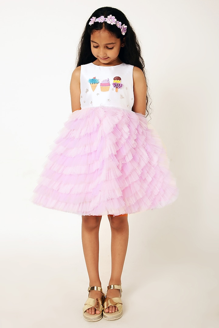 White & Lavender Polyester Hand Embroidered Ruffle Dress For Girls by A Little Fable at Pernia's Pop Up Shop