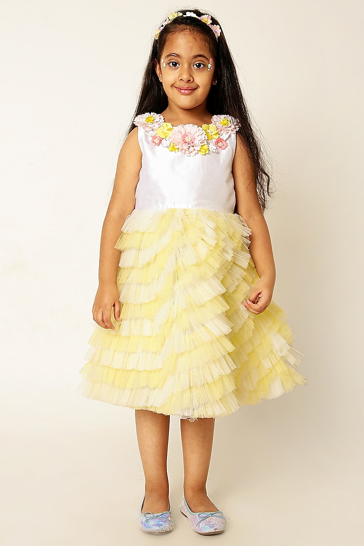 Yellow & Off-White Polyester 3D Floral Hand Embroidered Ruffle Dress For Girls by A Little Fable at Pernia's Pop Up Shop