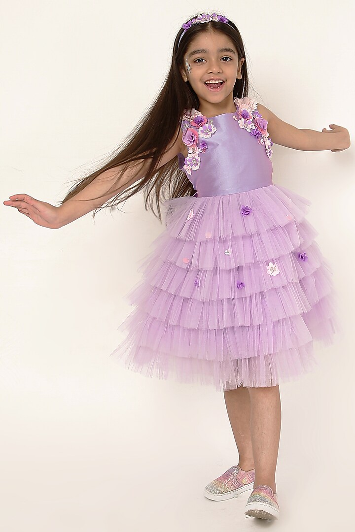 Lavender Polyester 3D Floral Hand Embroidered Ruffle Dress For Girls by A Little Fable at Pernia's Pop Up Shop