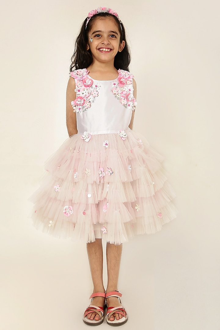 White Polyester 3D Floral Hand Embroidered Ruffle Dress For Girls by A Little Fable at Pernia's Pop Up Shop