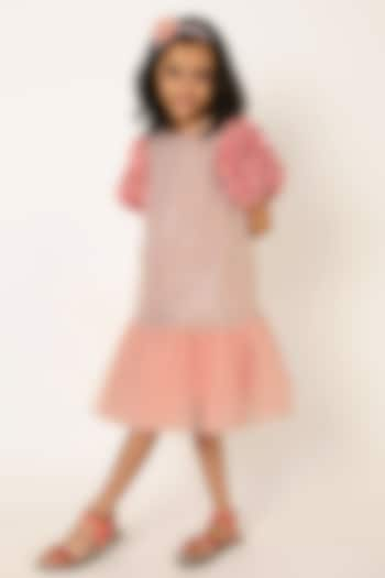 Peach Polyester Sequins Embroidered Dress For Girls by A Little Fable