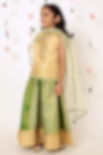 Green & Gold Zari & Banarasi Jacquard Hand Embroidered Lehenga Set For Girls by A Little Fable at Pernia's Pop Up Shop