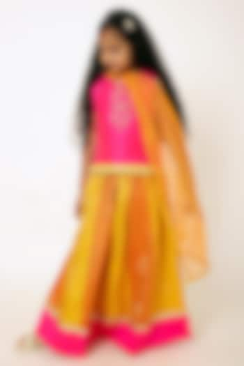 Orange & Pink Zari & Banarasi Jacquard Hand Embroidered Lehenga Set For Girls by A Little Fable at Pernia's Pop Up Shop