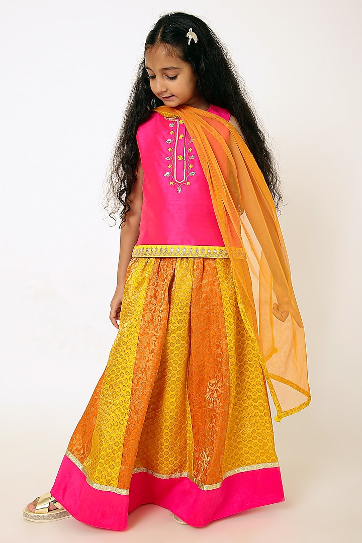 Orange & Pink Zari & Banarasi Jacquard Hand Embroidered Lehenga Set For Girls by A Little Fable at Pernia's Pop Up Shop