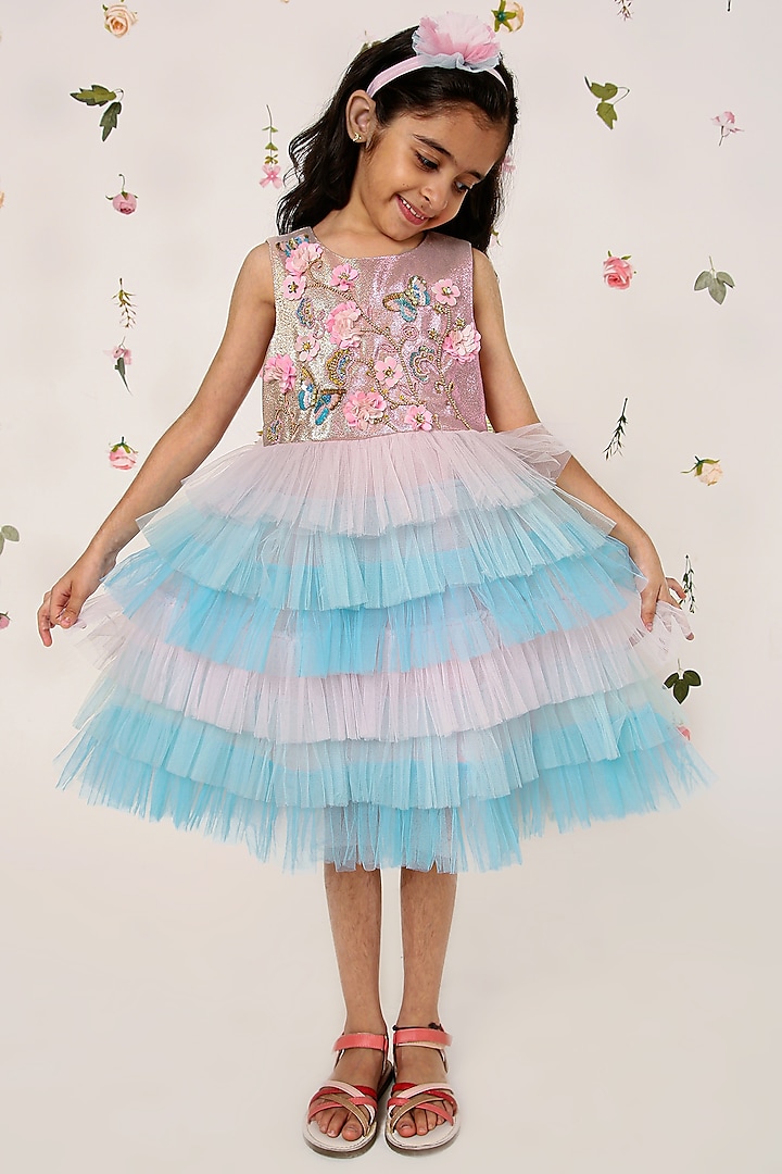 Multi-Colored Polyester Floral & Beads Hand Embroidered Dress For Girls by A Little Fable