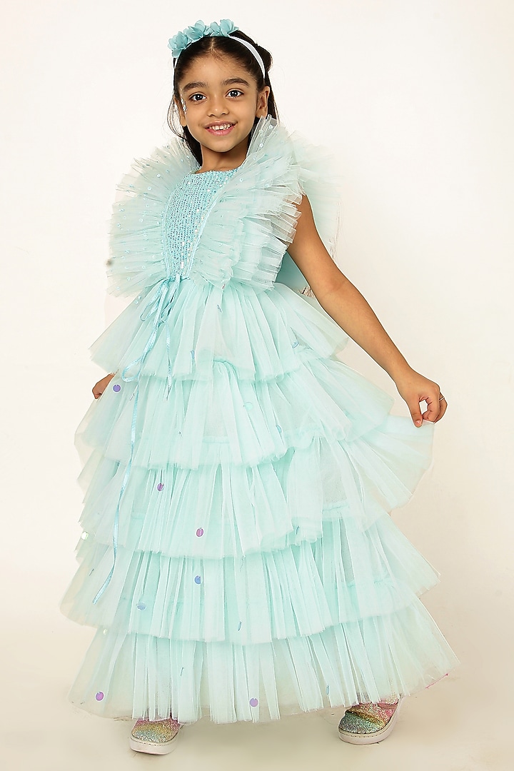 Blue Polyester Sequins Embroidered Gown For Girls by A Little Fable at Pernia's Pop Up Shop