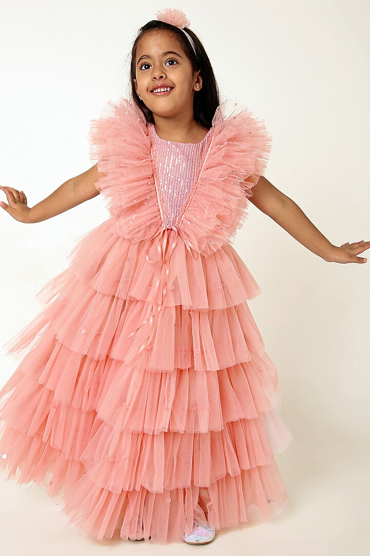 Peach Polyester Sequins Embroidered Gown For Girls by A Little Fable at Pernia's Pop Up Shop