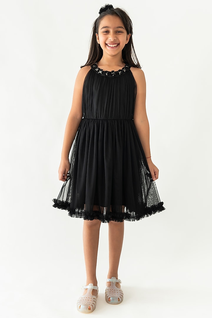 Black Tulle Floral Work Dress For Girls by A Little Fable at Pernia's Pop Up Shop