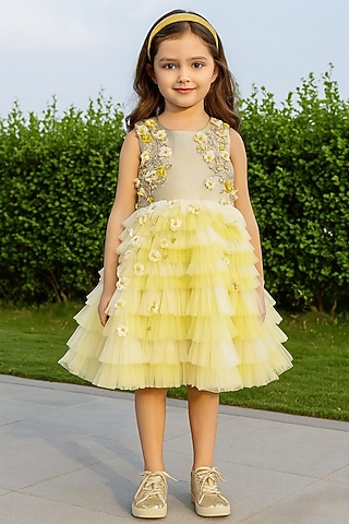 Yellow Polyester 3D Floral Embroidered Ruffled Dress For Girls by A Little Fable