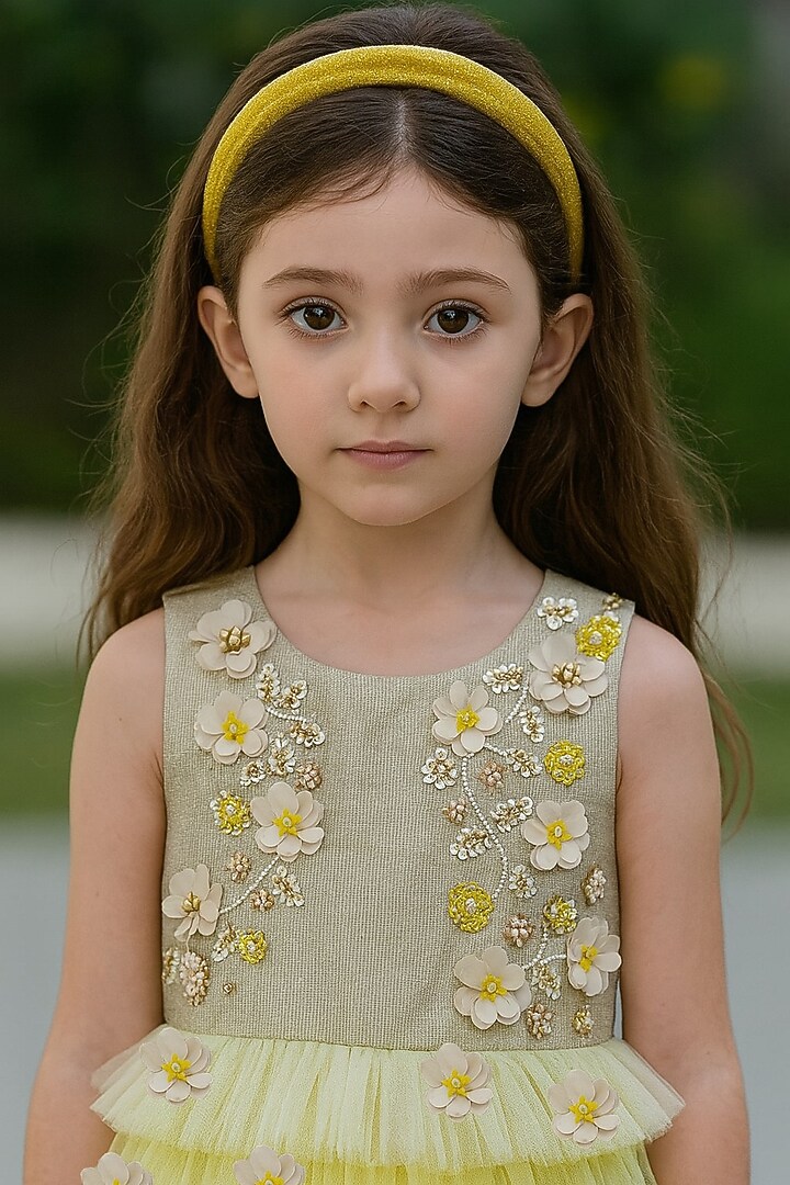 Yellow Polyester 3D Floral Embroidered Ruffled Dress For Girls by A Little Fable at Pernia's Pop Up Shop
