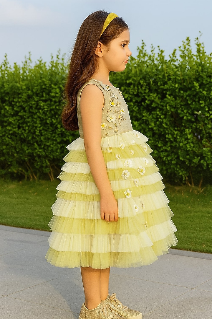 Yellow Polyester 3D Floral Embroidered Ruffled Dress For Girls by A Little Fable at Pernia's Pop Up Shop