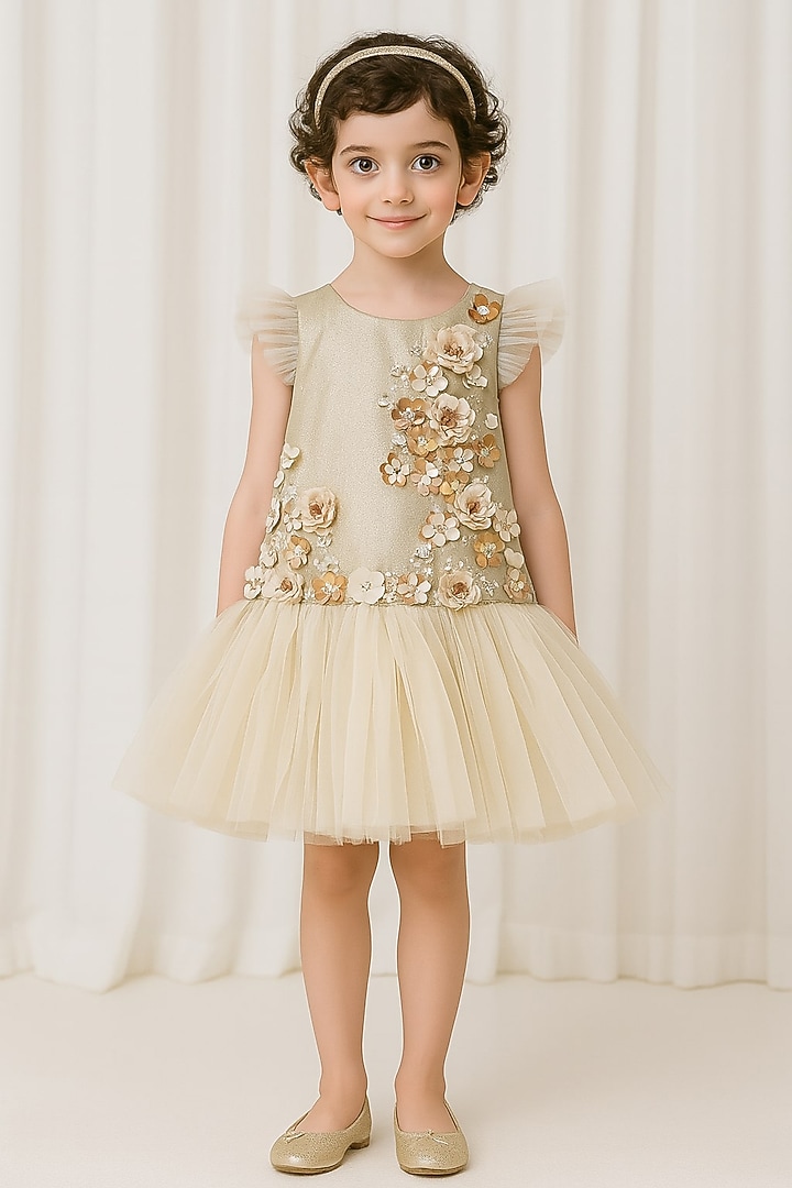 Beige Shimmer Polyester & Tulle Sequin Embroidered For Girls by A Little Fable at Pernia's Pop Up Shop