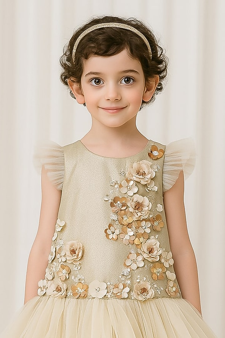 Beige Shimmer Polyester & Tulle Sequin Embroidered For Girls by A Little Fable at Pernia's Pop Up Shop