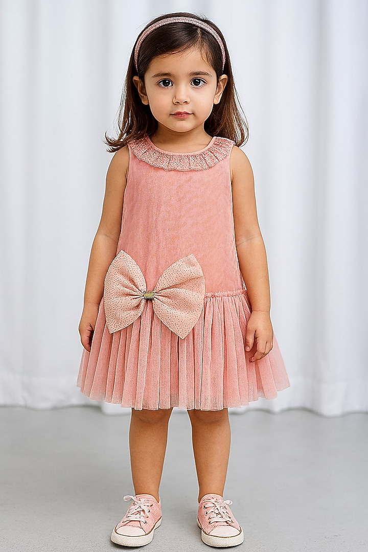 Peach Polyester & Tulle Bow Dress For Girls by A Little Fable at Pernia's Pop Up Shop