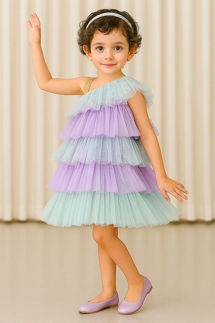 Multi- Colored Shimmer Tulle Embellished One-Shoulder A-Line Dress For Girls by A Little Fable at Pernia's Pop Up Shop
