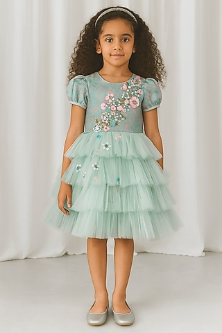 Blue Lurex Jacquard Embellished Layered Dress For Girls by A Little Fable