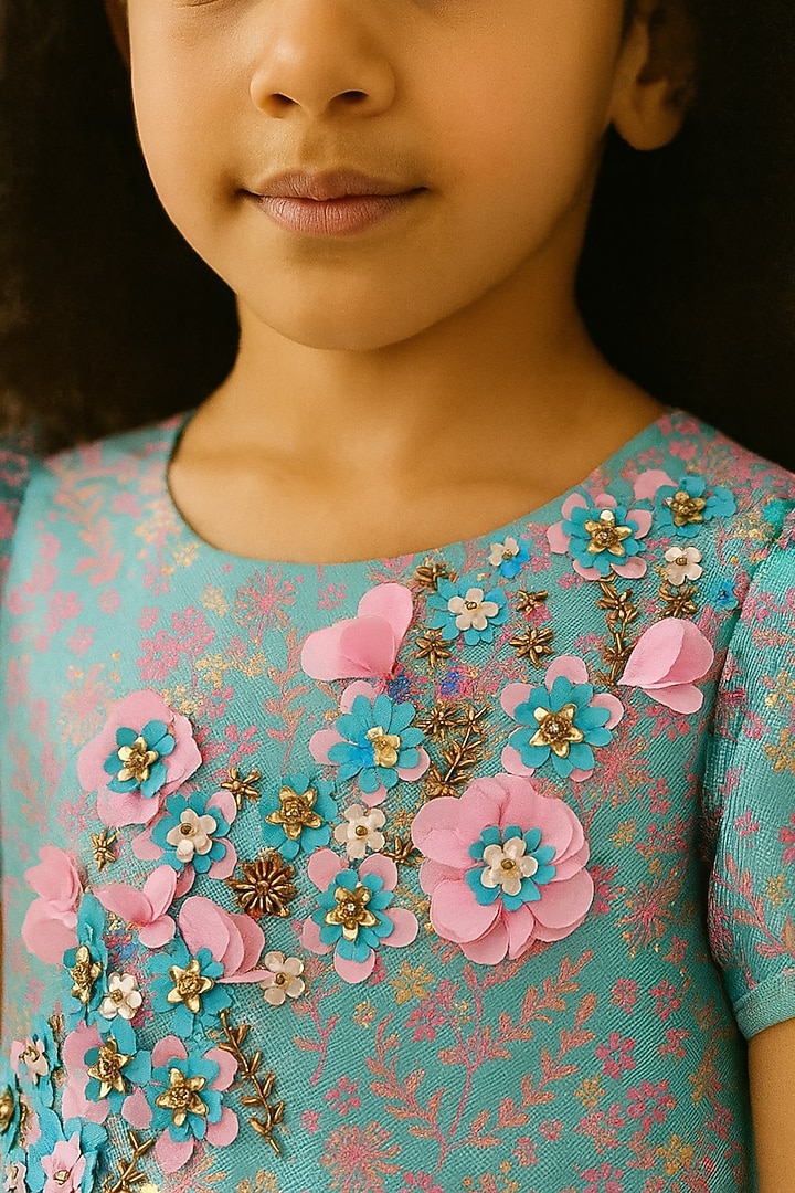 Blue Lurex Jacquard Embellished Layered Dress For Girls by A Little Fable at Pernia's Pop Up Shop