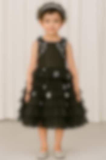 Black Polyester 3D Floral Embroidered Ruffled Dress For Girls by A Little Fable at Pernia's Pop Up Shop