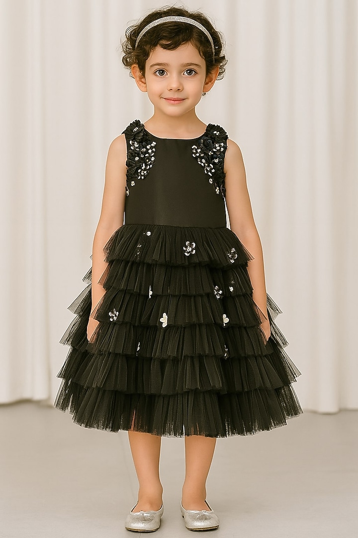 Black Polyester 3D Floral Embroidered Ruffled Dress For Girls by A Little Fable at Pernia's Pop Up Shop