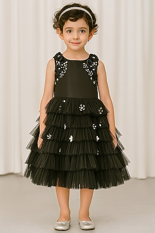 Black Polyester 3D Floral Embroidered Ruffled Dress For Girls by A Little Fable