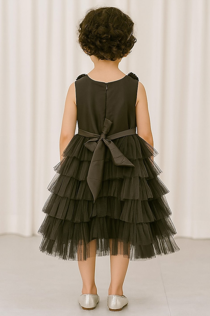 Black Polyester 3D Floral Embroidered Ruffled Dress For Girls by A Little Fable at Pernia's Pop Up Shop