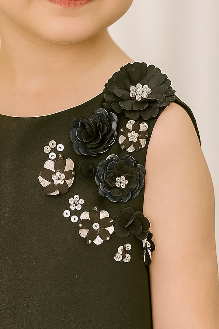 Black Polyester 3D Floral Embroidered Ruffled Dress For Girls by A Little Fable at Pernia's Pop Up Shop