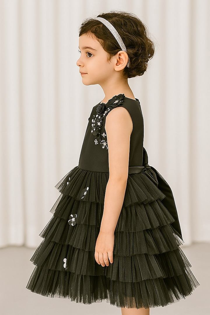 Black Polyester 3D Floral Embroidered Ruffled Dress For Girls by A Little Fable at Pernia's Pop Up Shop