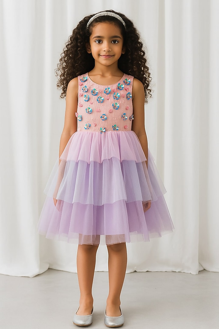 Lavender Shimmer Polyester Hand Embroidered Dress For Girls by A Little Fable at Pernia's Pop Up Shop