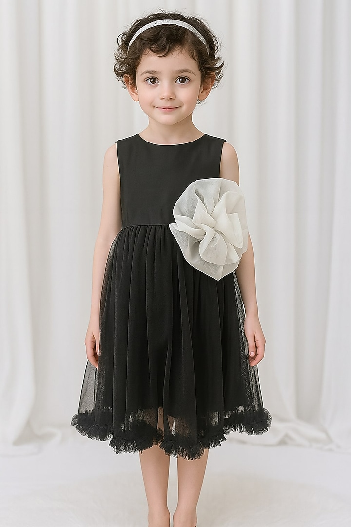 Black Poly Taffeta & Tulle Embroidered Dress For Girls by A Little Fable at Pernia's Pop Up Shop