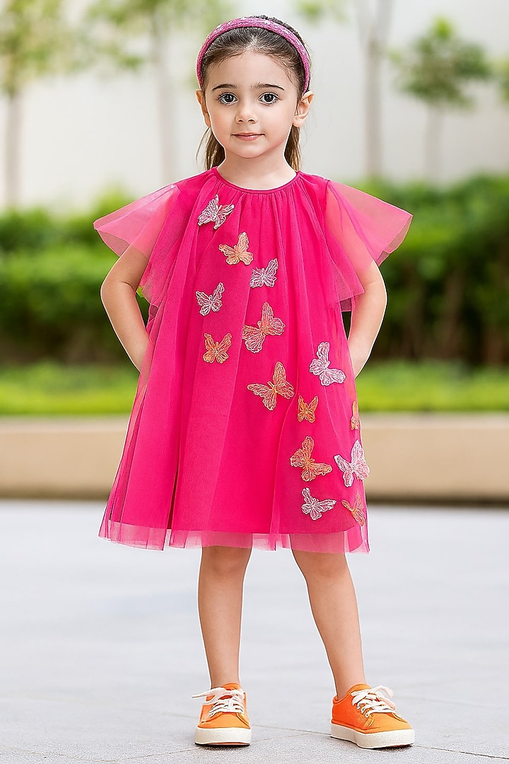 Fuchsia Tulle Embroidered Dress For Girls by A Little Fable at Pernia's Pop Up Shop