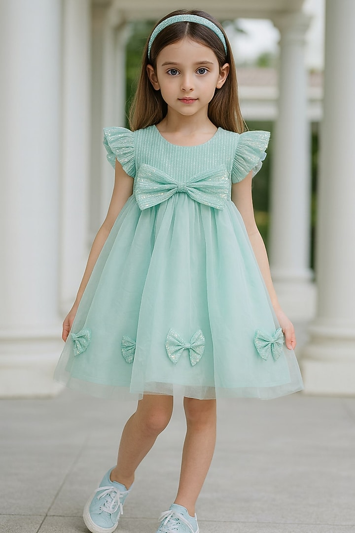 Mint Tulle Sequin Embellished Bow Dress For Girls by A Little Fable at Pernia's Pop Up Shop