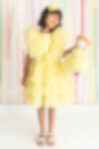 Yellow Polyester Lycra Lurex Sequins Hand Embroidered Ruffled Dress For Girls by A Little Fable