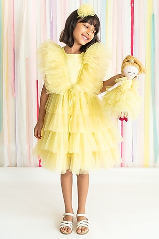 Yellow Polyester Lycra Lurex Sequins Hand Embroidered Ruffled Dress For Girls by A Little Fable
